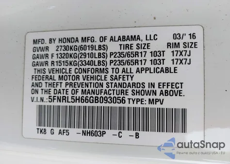 2016 Honda Odyssey Ex-L from USA, damaged, VIN 5FNRL5H66GB093056